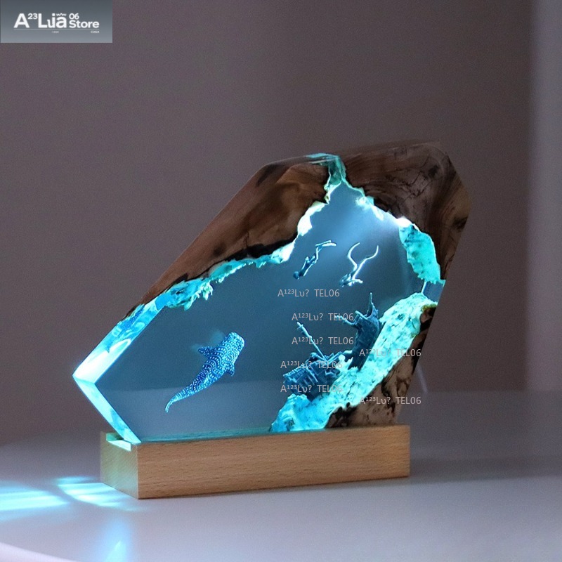 Resin Art Ocean - Lampu Malam Resin Kayu Seni Laut